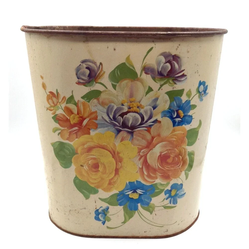 Vtg Harvell Metal Trash Can Wastebasket Floral Hand Painted Tole Cottage 11